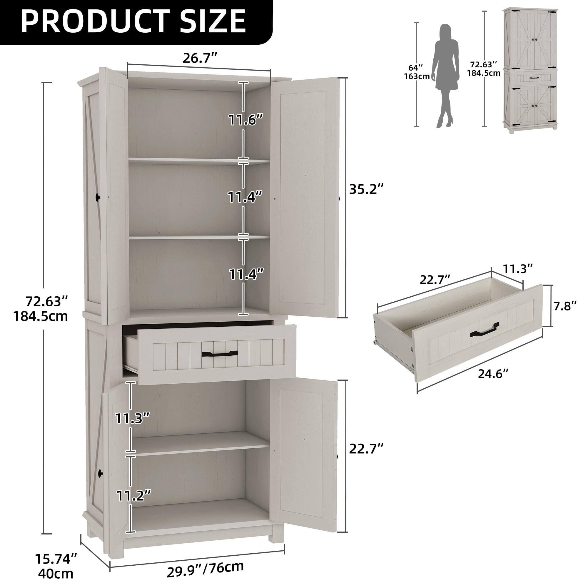 Dextrus 72.6" Kitchen Pantry Storage Cabinet with Doors and Adjustable Shelves, Storage Cabinet with Drawer for Kitchen, Dining Room, Living Room, Oak White