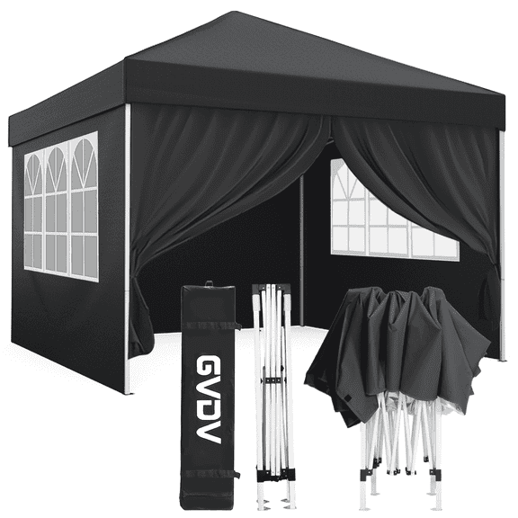 GVDV 10X10Ft Pop up Canopy Tent Enclosed Instant Folding Canopy Shelter with Elegant Church Window, Black