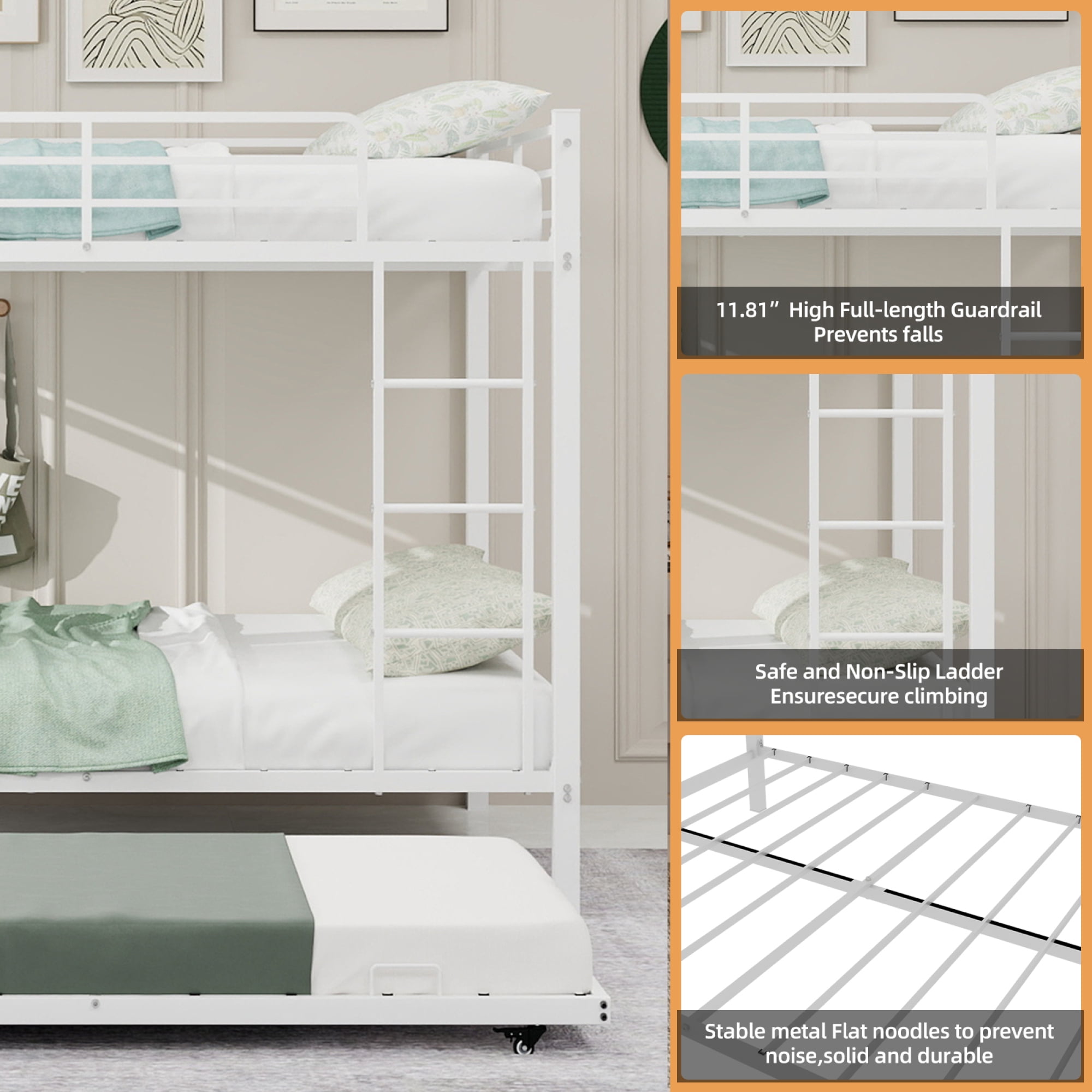 Full over Full Size Bunk Bed with Trundle, Heavy-Duty Metal Bunk Bedframe with Ladder and Full-Length Guardrails for Kids Teens Adults, No Box Spring Needed