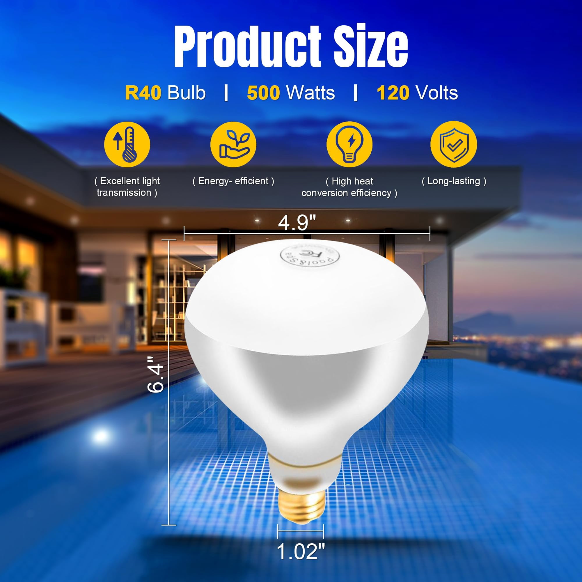 500W R40 120V Pool Light Bulb for Inground Pool & Spa – 3000K Warm White, E26 Base, High-Power, Compatible with Pentair & Hayward Fixtures, 3,000-Hour Lifespan (2 Pack)