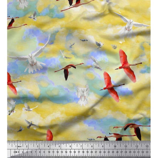 Soimoi Rayon Fabric Flying Stork & Dove Bird Decor Fabric Printed Yard 42 Inch Wide