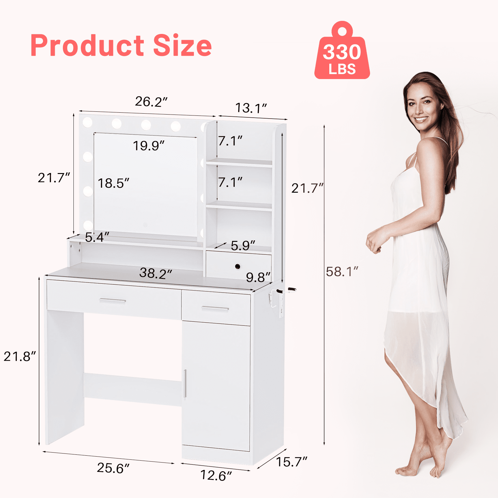 Blorly White Vanity Desk with Mirror, Makeup Vanity Table with LED Lights and Power Outlet, 3 Drawer, 4 Shelves, 1 Cabinet