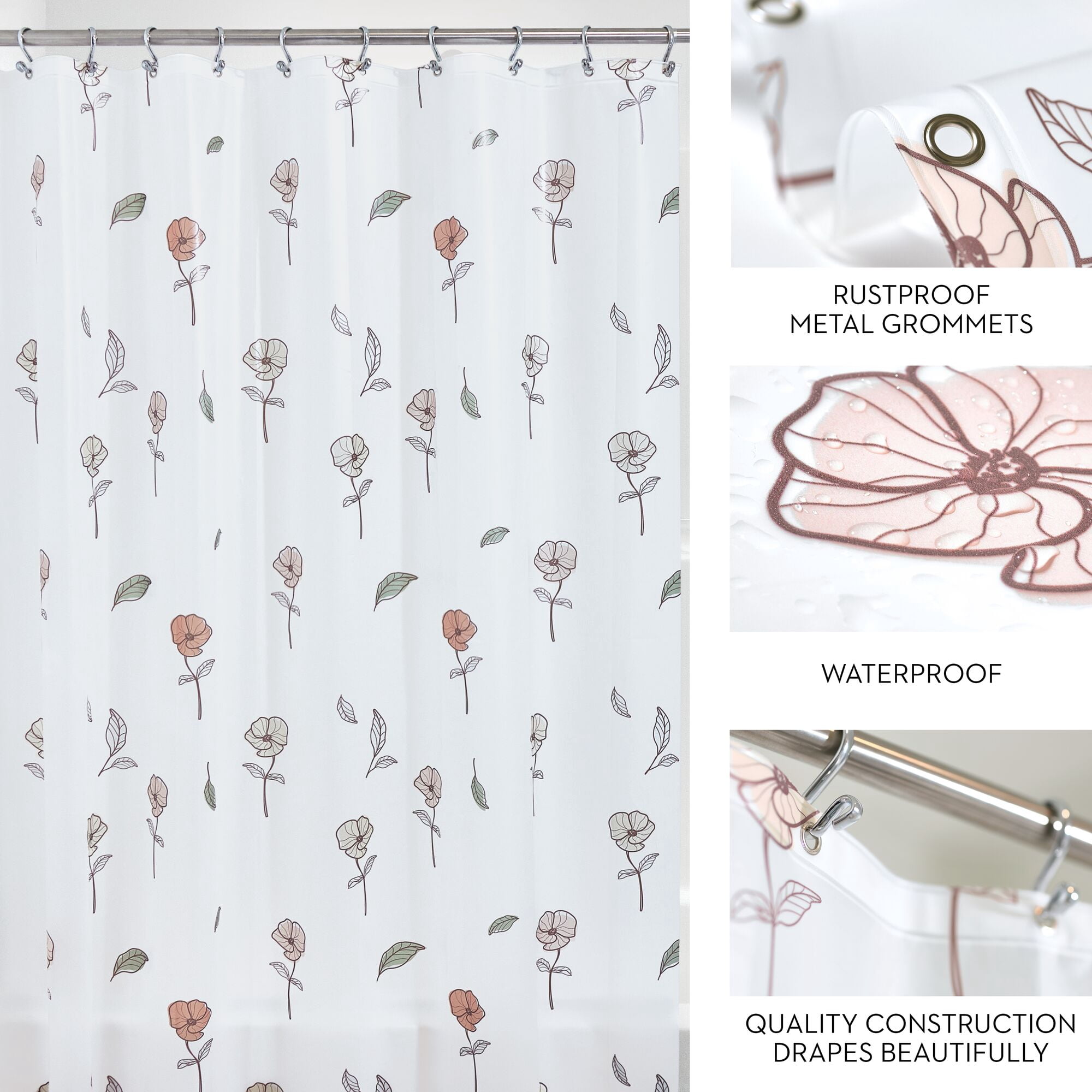 iDesign Waterproof PEVA Shower Curtain, Flowers, Multi Color/Frost