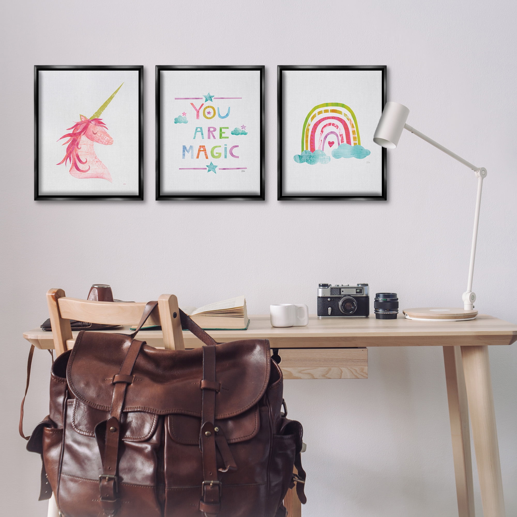 Stupell Industries You Are Magic Rainbow & Unicorn Art for Kids Painting Black Floater Framed Canvas Art Print Wall Art, 17 x 21, Set of 3