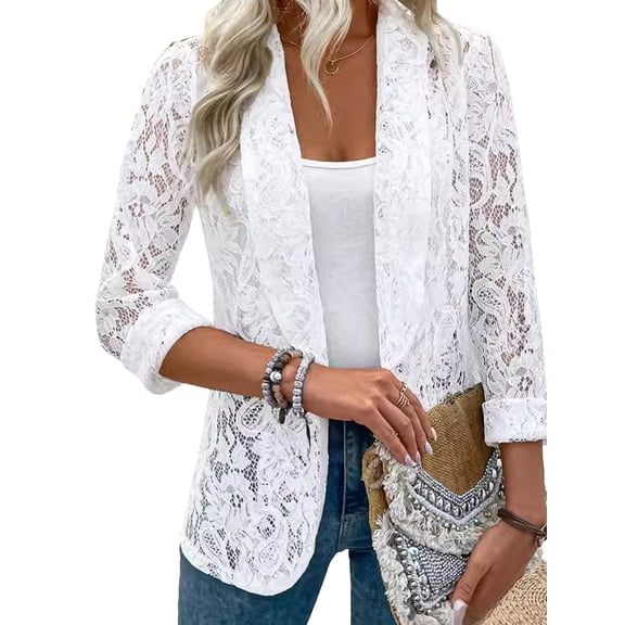 Fancyglim Lace Cardigan for Women Open Front Long Sleeve Sheer Lace Floral Crochet Summer Shrug Bolero Cover Up White XL