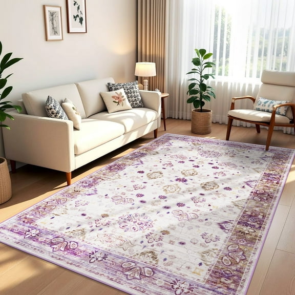 Wellber Vintage Rugs Fluffy Floral Area Rug Soft Carpet for Living Room Bedroom Home Decor,4'x6',Purple