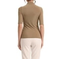thumbnail image 3 of MODA NOVA Juniors Mock Neck T-Shirts Stretch Slim Fit Short Sleeve Sheer Mesh Ruched Tops Caramel M, 3 of 5