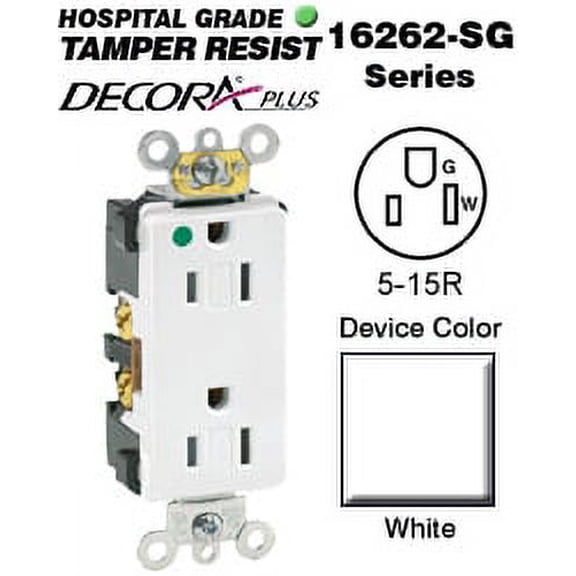 Leviton 16262-SGW Decora Duplex Receptacle Tamper-Resistant Hospital Grade 5-15R 15A 125V BandS Wired - White