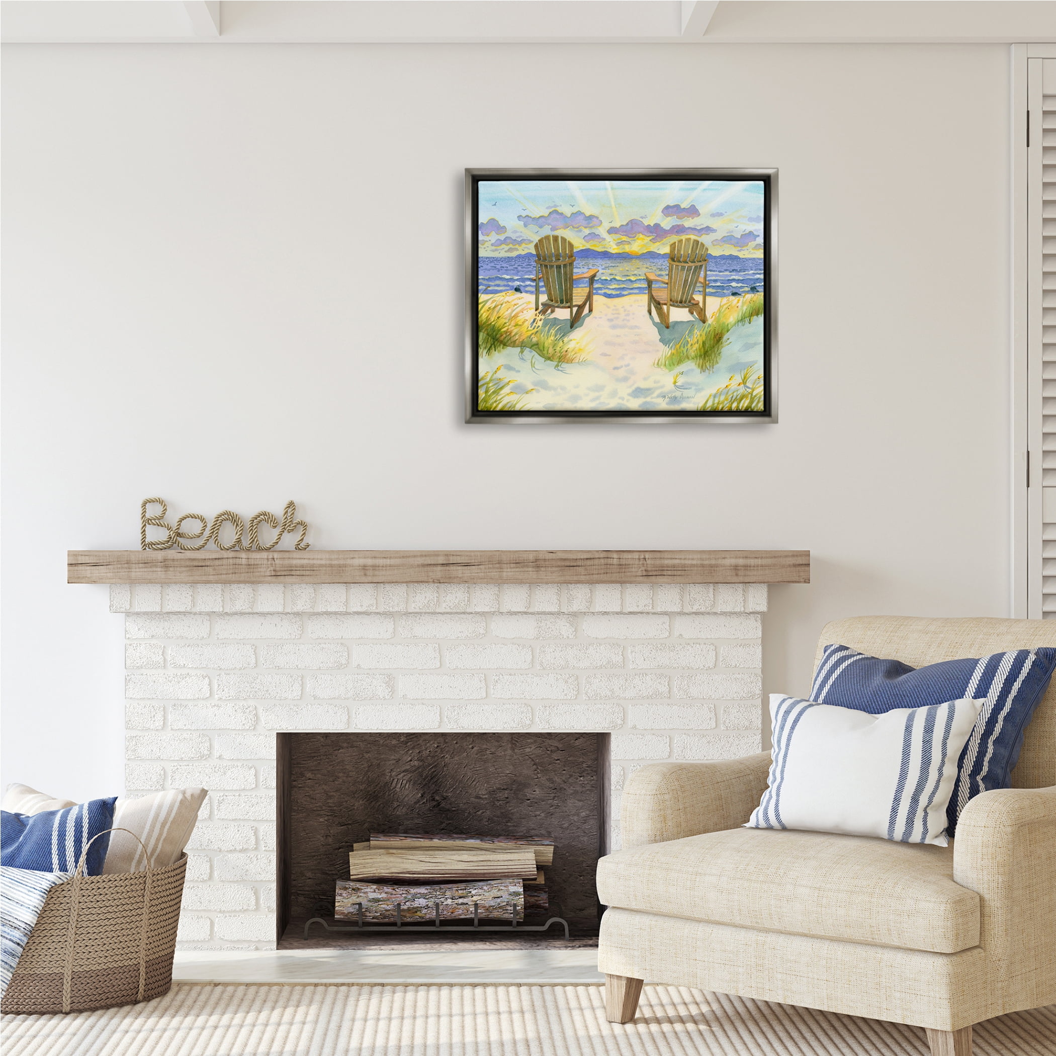 Stupell Industries Nautical Beach Chairs View Nature Painting Gray Floater Framed Art Print Wall Art, 31 x 25