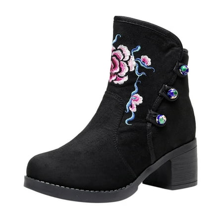 

Mid-Calf Boots for Women Embroidery Boots Fashion High Heels Women Tassel Flowers Shoes Ankle Boots Boots Women Women s Boots PU Dress Sandals for Women Blue