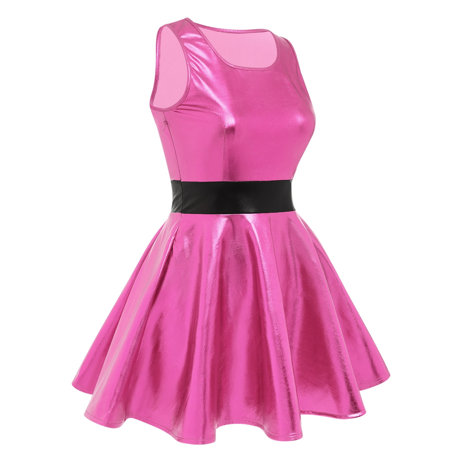 IBTOM CASTLE Women's Shiny Metallic Dress Sexy Sleeveless Mini Skater Dress Holographic Party Rave Dance Clubwear Anime Cosplay Halloween Clothes L Hot Pink