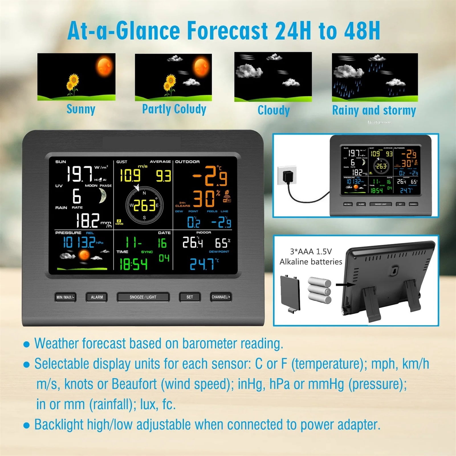 0360 Weather Station Color Display 7-in-1 Outdoor Sensor Forecast Temperature Humidity Rain Gauge Wind Speed UV ,High Precision