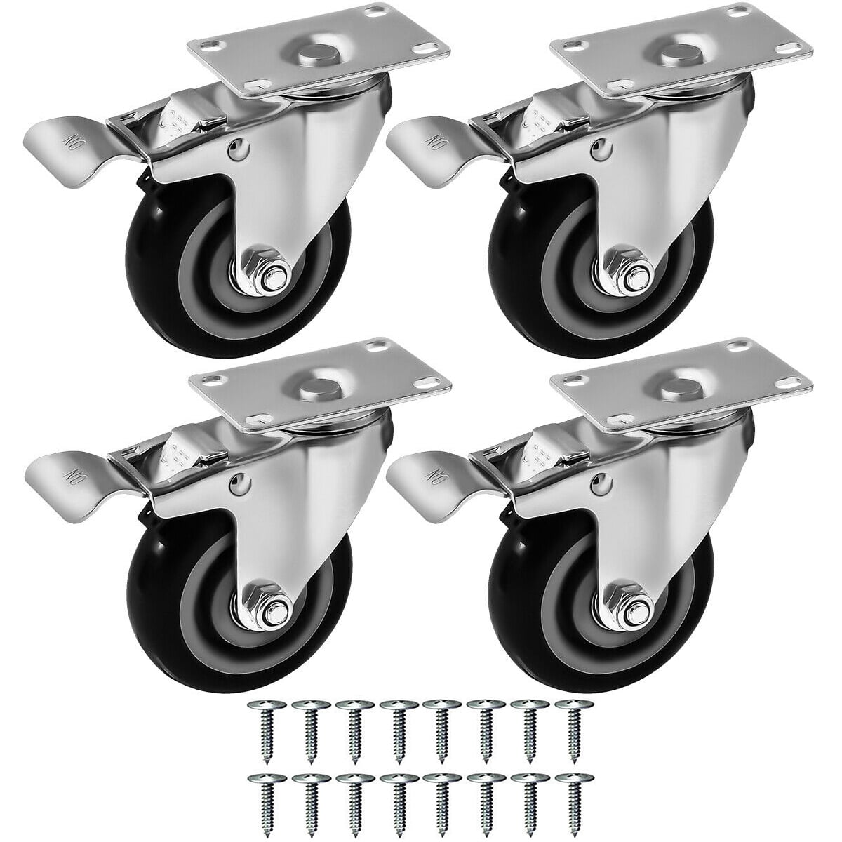 4 Pack Caster Wheels Swivel Plate On Black Polyurethane Wheels w/ Screws (4' with Brake)