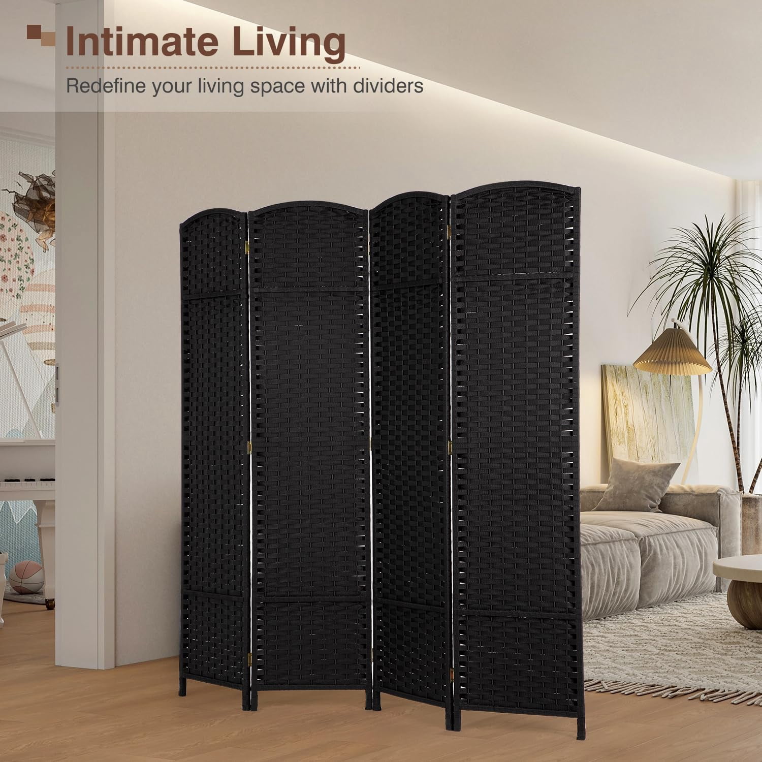 Dkelincs 4 Panel Room Dividers 5.6 FT Tall Portable Privacy Screen Folding Wood Partition Wall Divider for Room Separation, Black