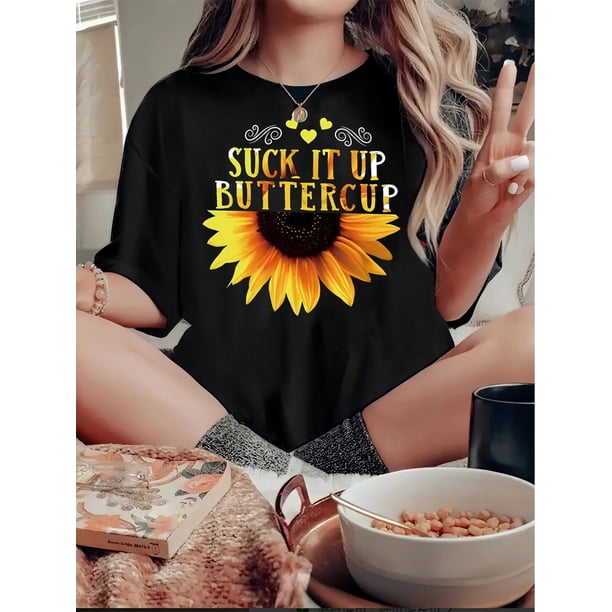 1pc Women'S Casual Crew Neck T-Shirt with "" Sunflower Print, Cotton Knit Fabric, Medium Stretch, all-Season Comfort, Fashionable Short Sleeve Top
