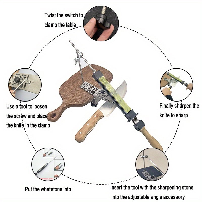 Professional Knife & Scissors Sharpener Set - Adjustable Angle Guide, Durable Zinc Alloy, Manual Sharpening Tool with Wooden Handle for Kitchen Use,