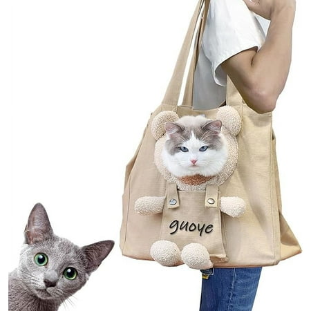 Bear-Shaped Show Head Pet Canvas Shaped Shoulder BagPet Out Bag  Outcrop  Pet Out Shoulder Bag. (Khaki Bear-Large)