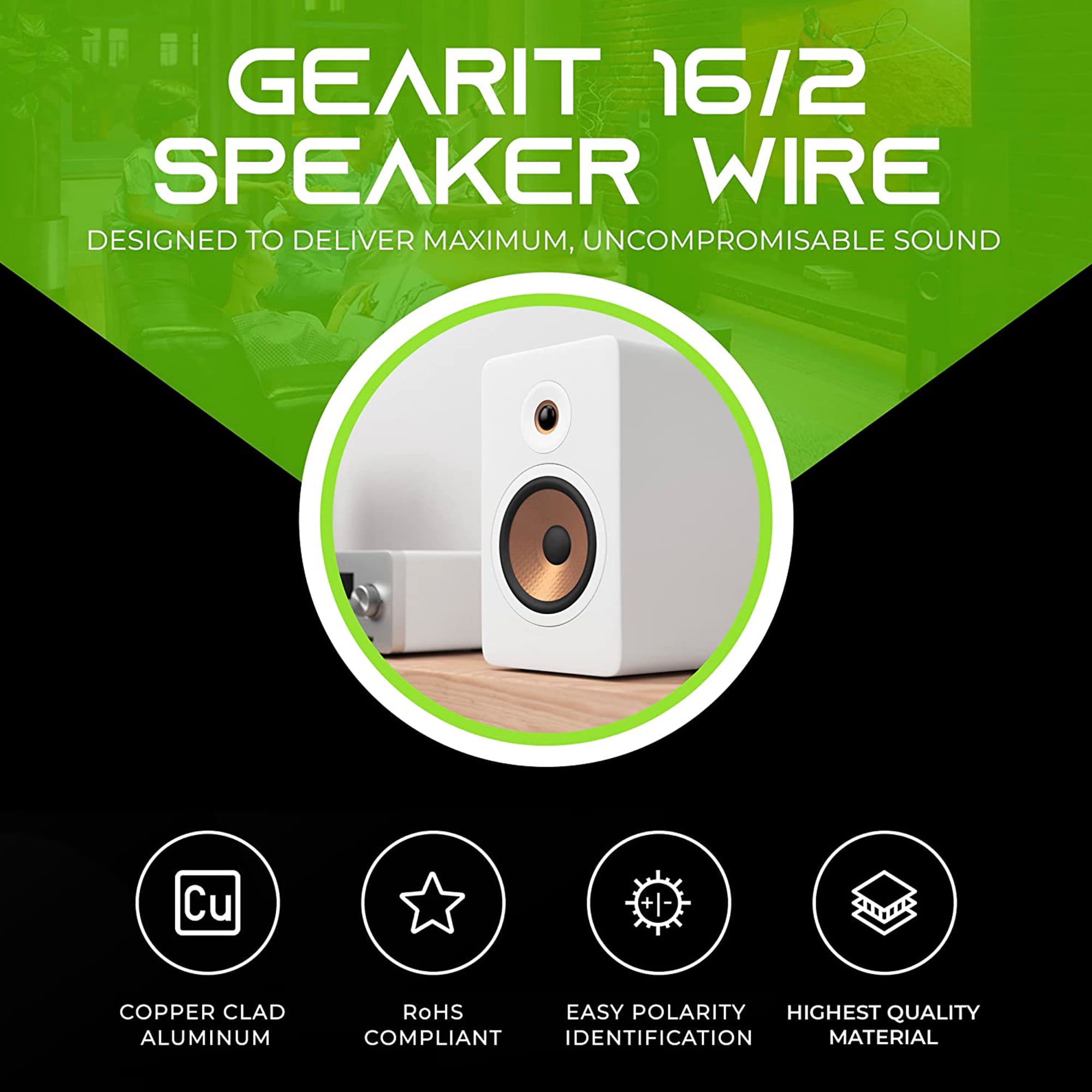GearIT Pro Series Copper Clad Aluminum 16/2 16awg Home Theater & Car Audio Speaker Wire, 2 conductor Cable, Black 500ft