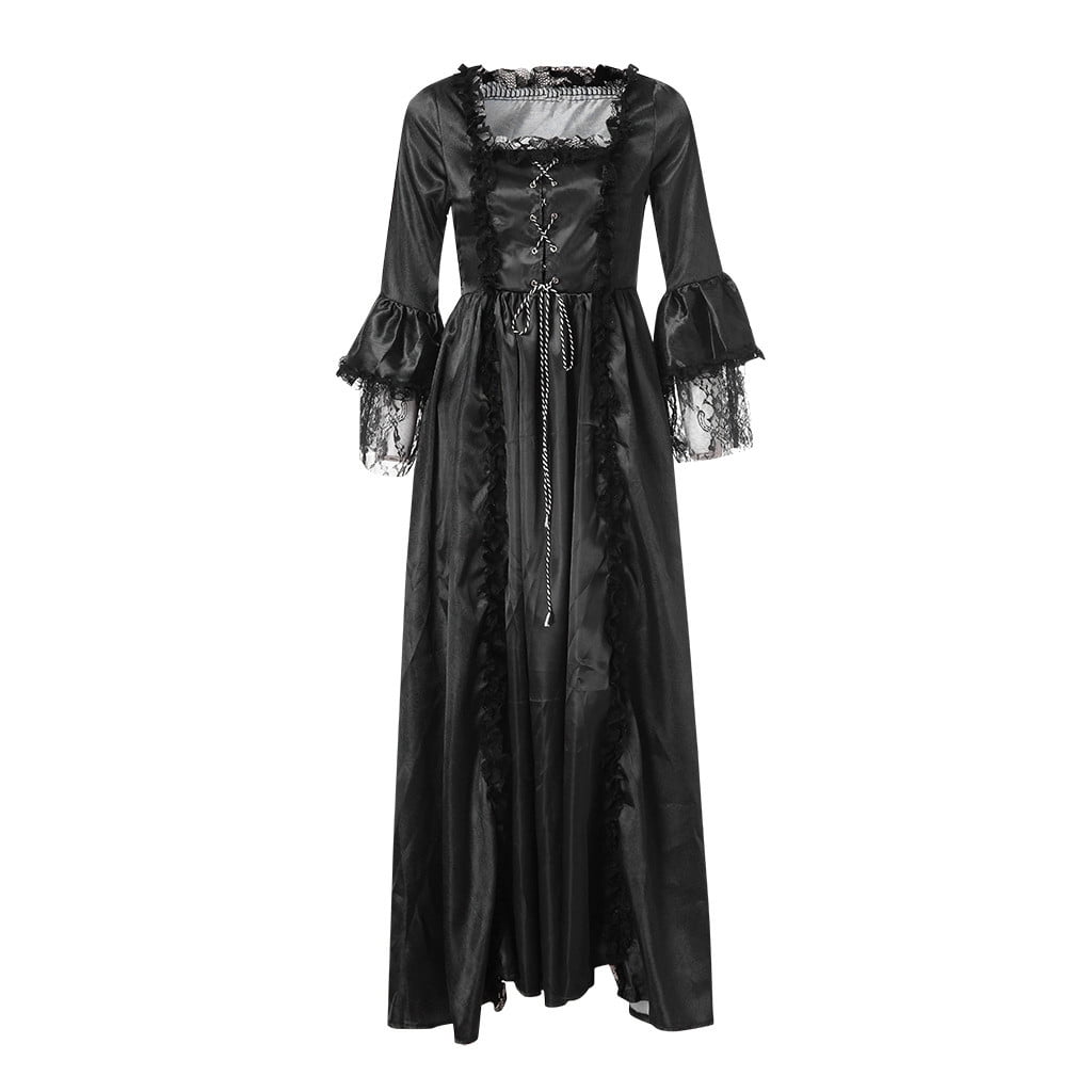 RYRJJ Women's Gorgeous Gothic Ball Gown Flared Sleeves Renaissance Vintage Medieval Dress Square Neck Lace Patchwork Masquerade Maxi Long Dress(Black,L)