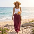 thumbnail image 4 of Women's Cotton Linen Swing Long Skirt Elastic Waist Flowing Maxi Crinkled Skirt Retro Casual Layered Pleated Flowy Long Maxi Skirts With Belt Wine M, 4 of 6
