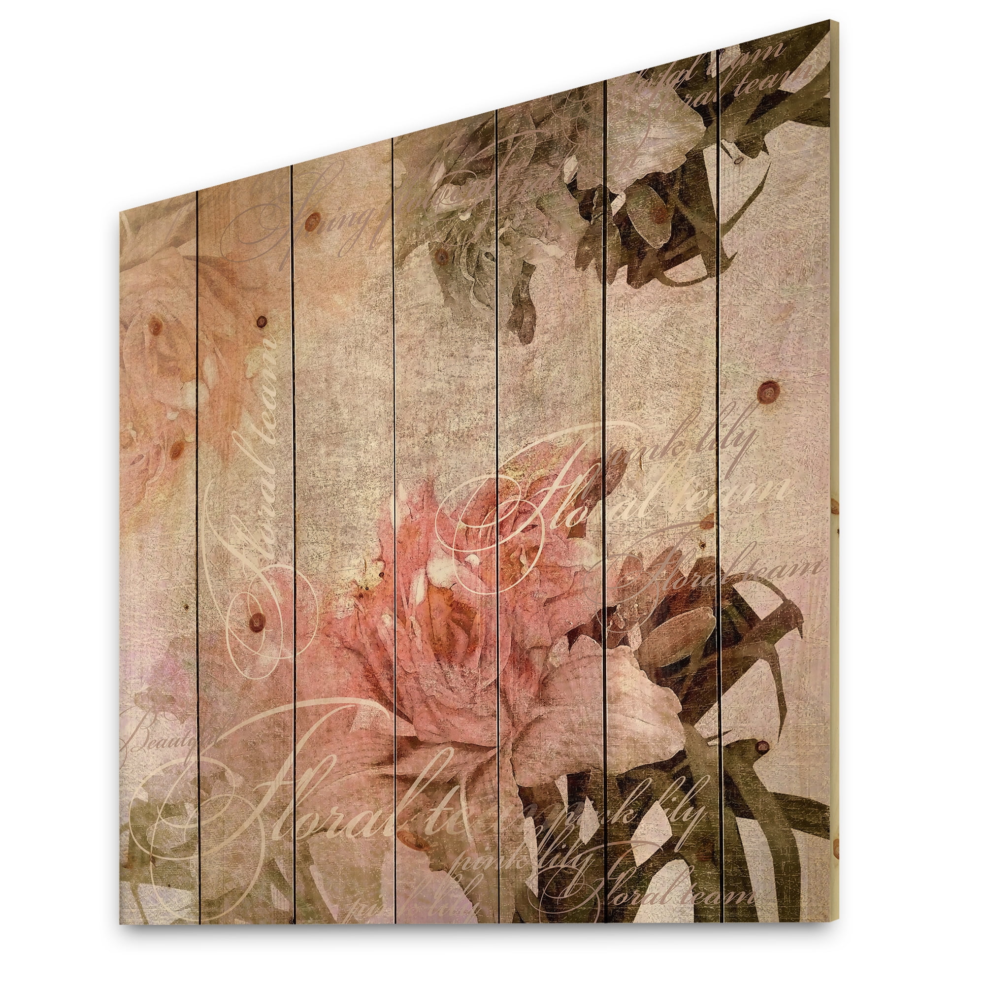 Designart 'Flowers Vintage In Pastel Colours' Traditional Print on Natural Pine Wood