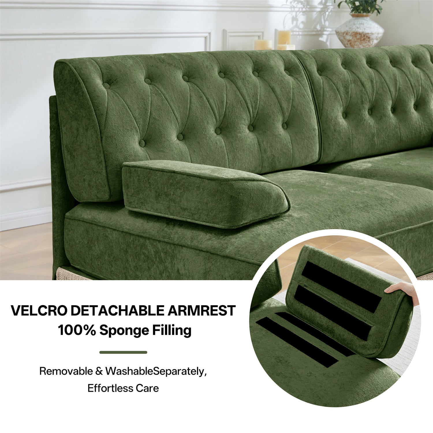 Hommoo Comfort Velvet Fabric Sofa with Left Arm, Button Tufted Design & Floor-grazing Tassel, Green