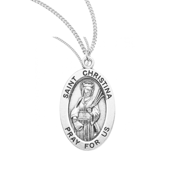 Sterling Silver Saint Christina Oval Medal Pendant Necklace, 0.9" x 0.6", 18" Rhodium Plated Stainless Steel Chain, Gift Box Included