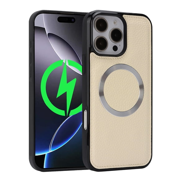 for iPhone 15 Pro Magnetic PU Leather Case, Compatible with MagSafe, Classic Wireless Charging Shock Absorbing Ultra Slim Grip Friendly Drop Protective Back Cover, Beige
