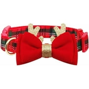 Christmas Dog Collar with Bowtie Festival Classic Plaid Dog Collar with Cute Antler Design Adjustable Size Suitable