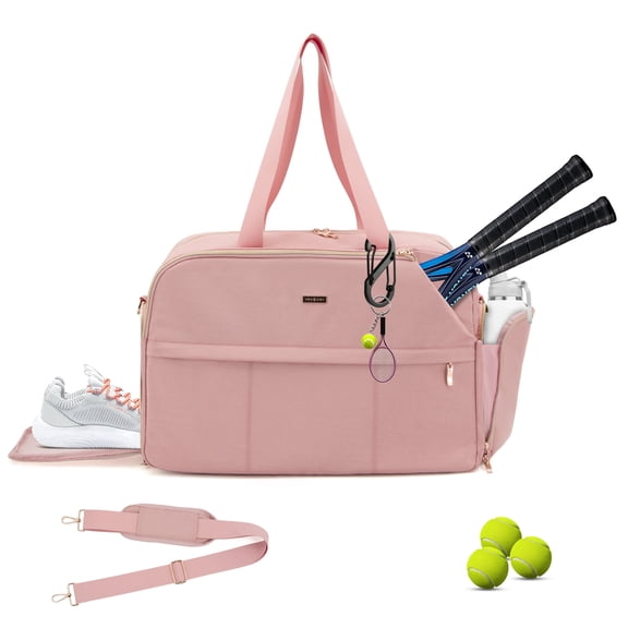 Tennis Bag for Women, Large Tennis Tote with Shoe Compartment, Fits 2 Rackets, Pink