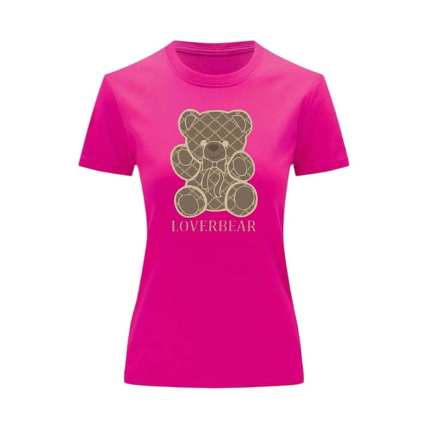 Playera Blusa Con Impresion De Oso LoverBear Con Fondo De Dinero Ropa De Mujer Juvenil Color Fucsia Talla Mediana Marca Emil SaEs