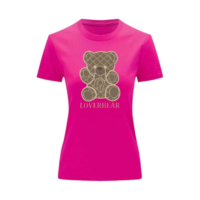 Playera Blusa Con Impresion De Oso LoverBear Con Fondo De Dinero Ropa De Mujer Juvenil Color Fucsia Talla Mediana Marca Emil SaEs