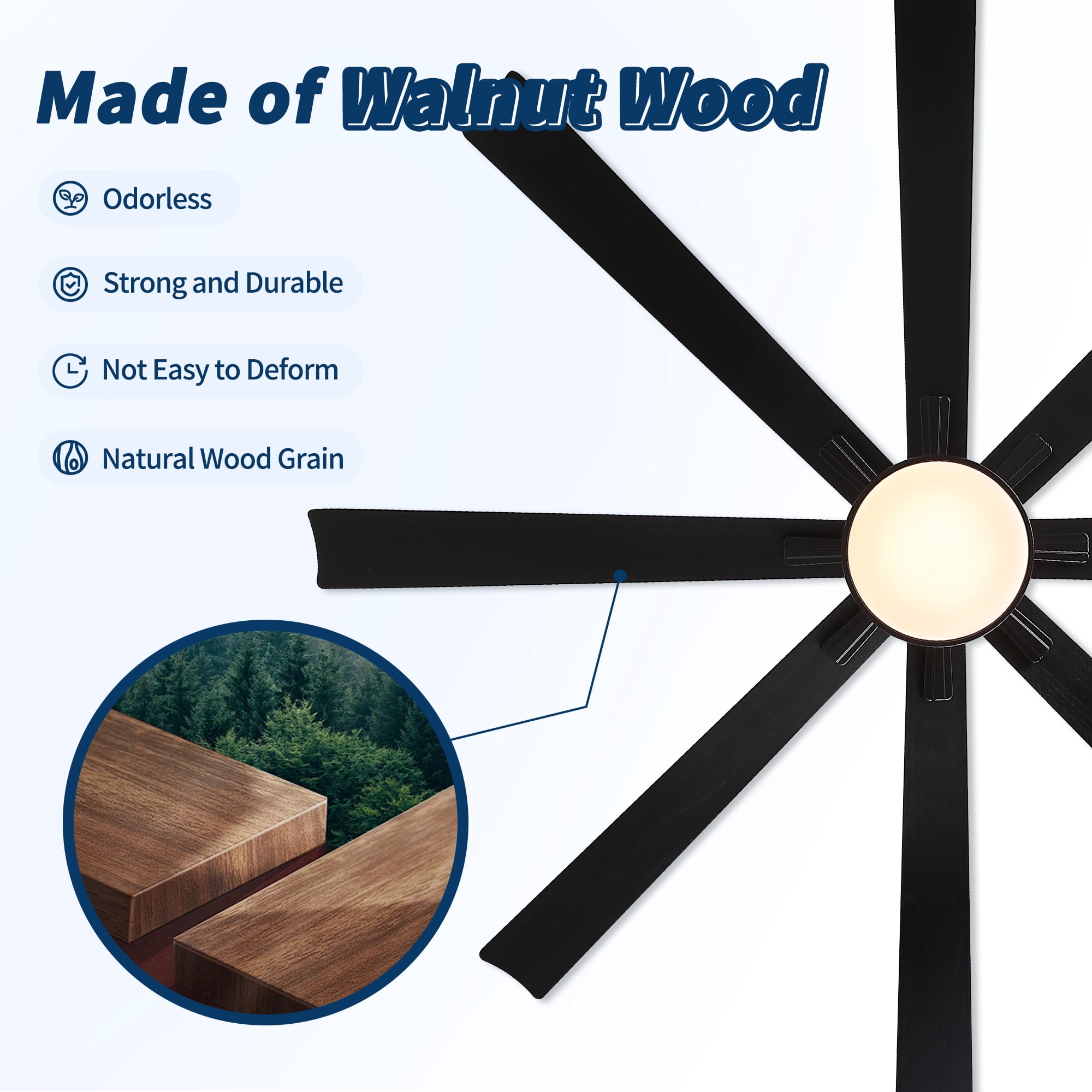 72 inch Ceiling Fan with Light, Solid Wood Blades DC Motor Reversible Remote Control,Black