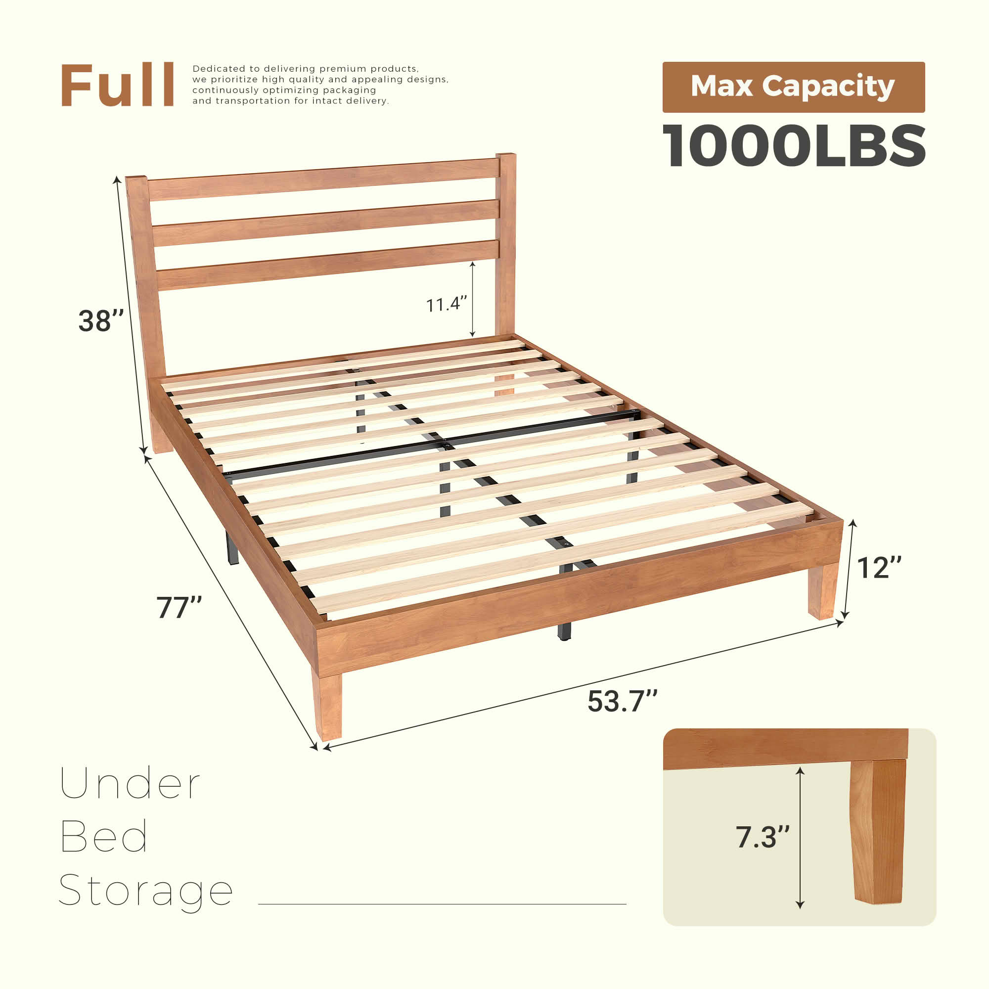 MAYEERTY Full Size 1100 LBS Heavy Duty Solid Wood Bed Frame Mattress Base with Headboard Wooden Slat Support No Box Spring Needed