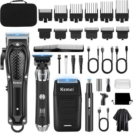 KEMEI Professional Hair Clippers for Men, Cordless Barber Clipper Beard Trimmer Foil Shaver Nose Eyebrow Ear Trimmer Set, USB Charging Complete Electric Hair Cutting Grooming Kit with 11 Guide Combs