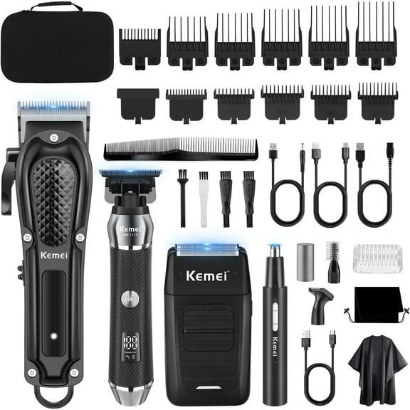 KEMEI Professional Hair Clippers for Men, Cordless Barber Clipper Beard Trimmer Foil Shaver Nose Eyebrow Ear Trimmer Set, USB Charging Complete Electric Hair Cutting Grooming Kit with 11 Guide Combs