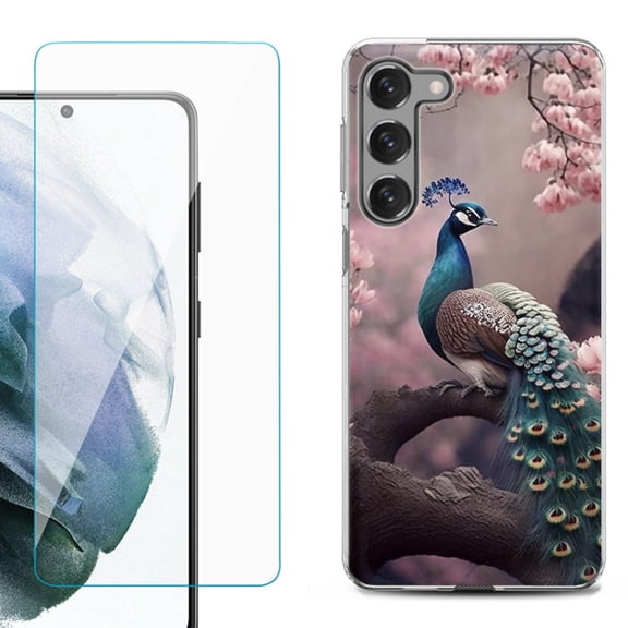 Shockproof Fashion Phone Case for Samsung Galaxy S23 5G, with Tempered Glass Screen Protector, by OneToughShield ® - Peacock Flower