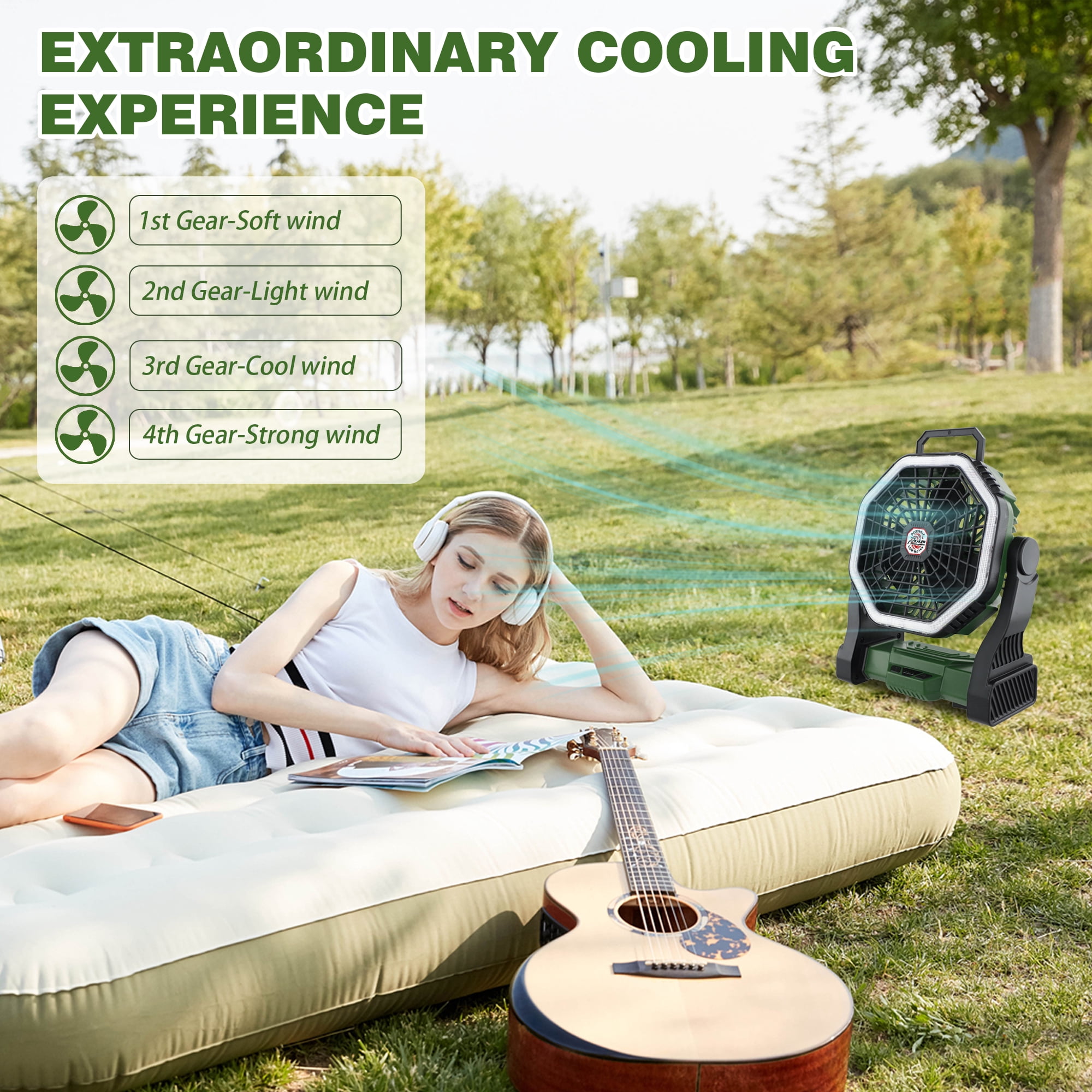 Roykaw 10400mAH Rechargeable Camping Fan with Ultra-bright LED Light, 4-Speed Wind & 3-Level Light