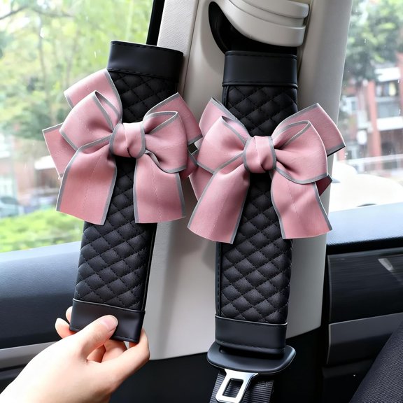 Cute Bow Leather Car Seat Belt Cover Pads,2 Pcs & 4 Pcs Seat Belt Cover for Shoulder, Seatbelt Cushion, Car Seat Strap Pads, Seatbelt Covers for Women (Pink,2)