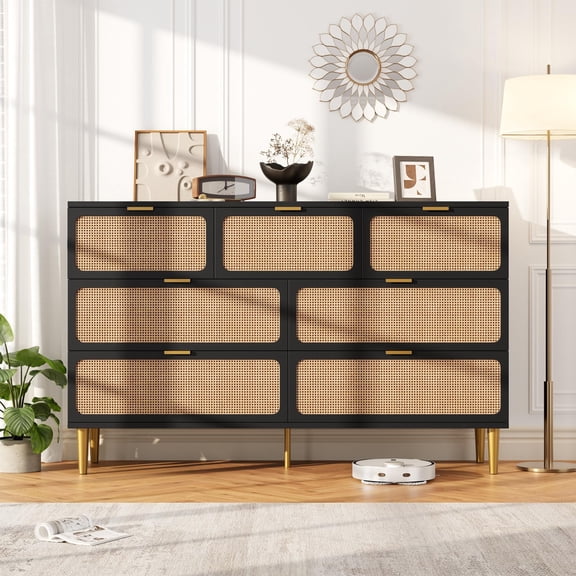 Panapinka Rattan 7 Drawer Dresser for Bedroom, Tall Wood Chest of Drawers with Deep Storage Drawers and Wide Top, Large Dresser for Closet, Living Room, Hallway or Kids Room