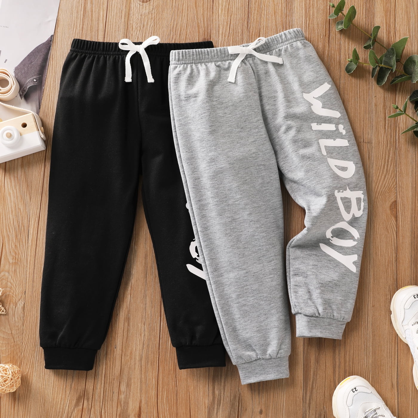 PatPat Toddler Boy Letter Print Elasticized Solid Color Pants,Sizes 18M-6Y