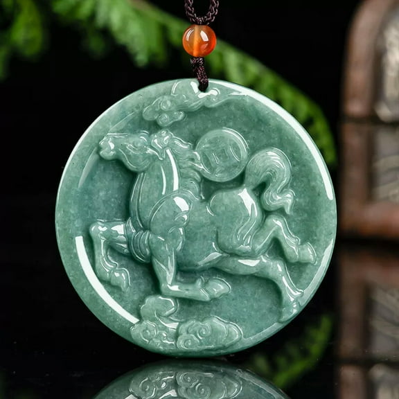 K-KED 100% Natural Grade A Jade Jadeite Men's Bean Green Lucky Horse Round Pendant