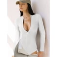 thumbnail image 3 of Katigan Women Ribbed Long Sleeve Bodysuit Invisible Zip Up Crew Neck Body Suit EKCW022 White L, 3 of 7