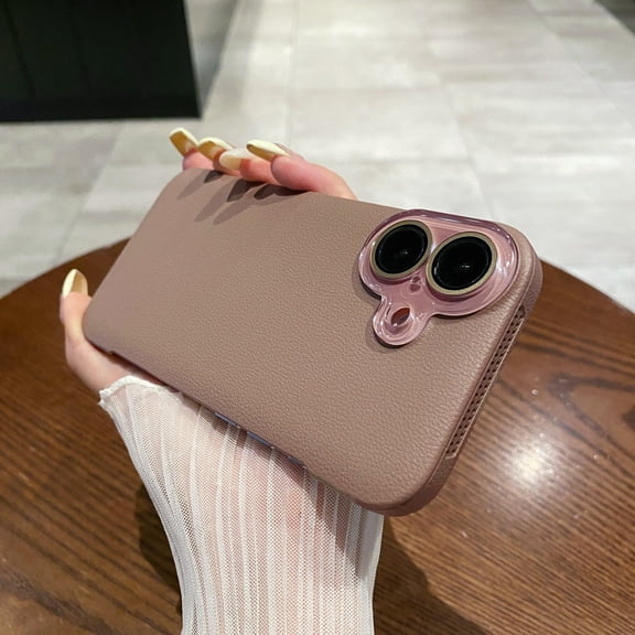 Compatible with Frameless Phone Case for iPhone 16 , With lens film,Ultra-Thin Lightweight Durable Frameless PU Leather Hard PC Shock Absorption Bumper Phone Case Cover,Brown