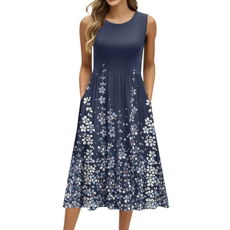 Biziza Casual Dresses for Women Sleeveless 2025 Causal Long Blue Vintage Floral Elegant Dresses Lightweight Cotton Round Neck Stretch Polyester Corset Dress with Pockets