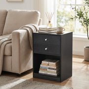UBesGoo 2 Drawers Wooden Nightstand in Black Finish Bedside Table Bedroom