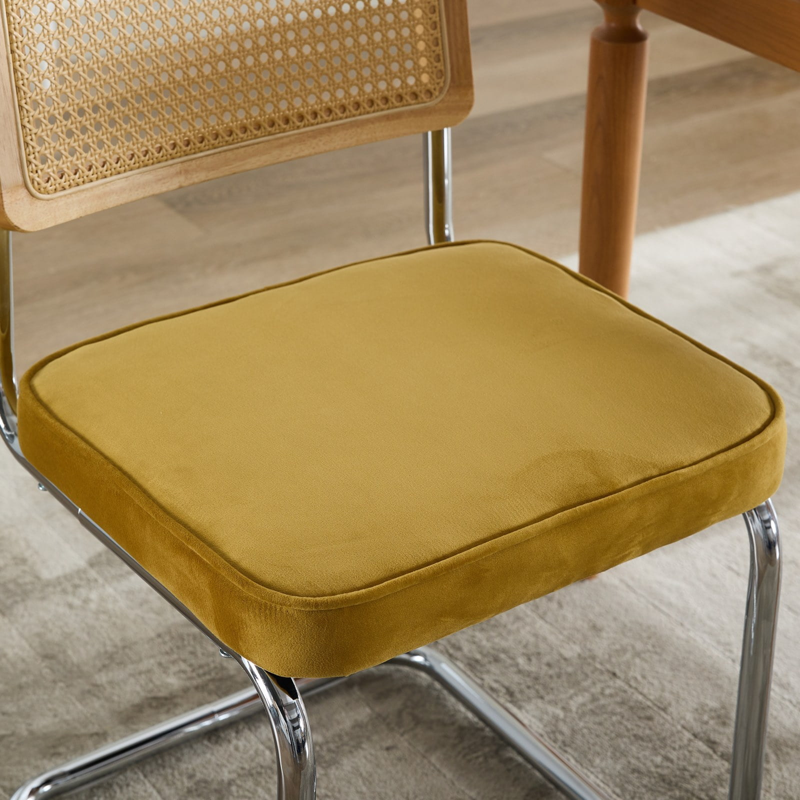 Mid Century Modern Dining Chairs Set of 2, Velvet Cantilever Chairs with Oak Rattan Back & Internal-External Steel Frame, 360 lbs Load, Gold