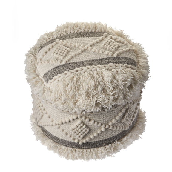 LR Home Small Over-tufted Geometric Indoor Round Pouf, Cream/Gray, 18" x 18" x 14"