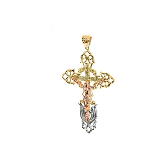 14k Tri Color Gold Art Deco Crucifix Cross Pendant