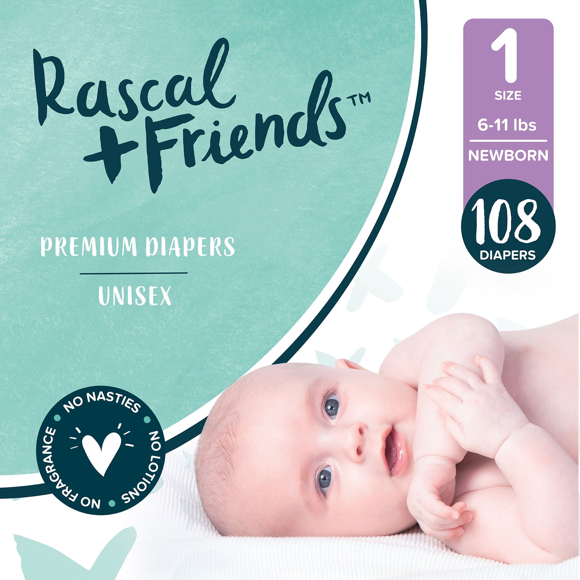 Rascal + Friends Premium Diapers, Size 1, 108 Count